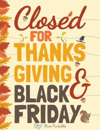 Closed for Thanksgiving and Black Friday surrounded in fall leaves, acorns, and a squirrel at the bottom right 